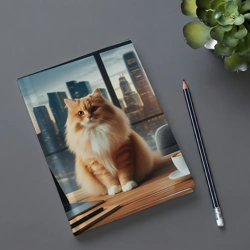 Orange Cat Sitting on Office Desk Cityscape – Notebooks