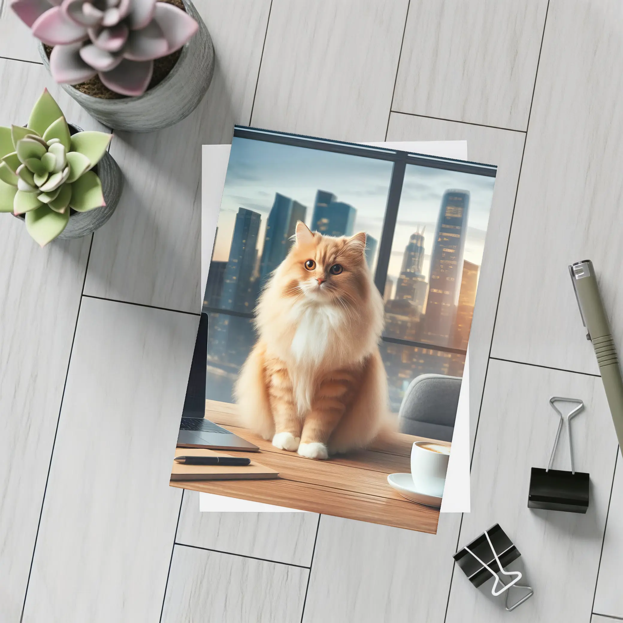 Orange Cat Sitting on Office Desk Cityscape – Postcards