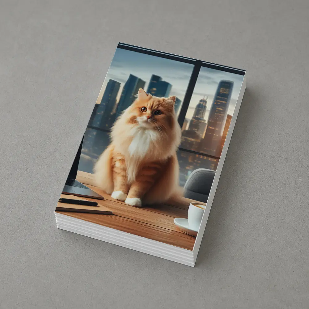 Orange Cat Sitting on Office Desk Cityscape – Postcards