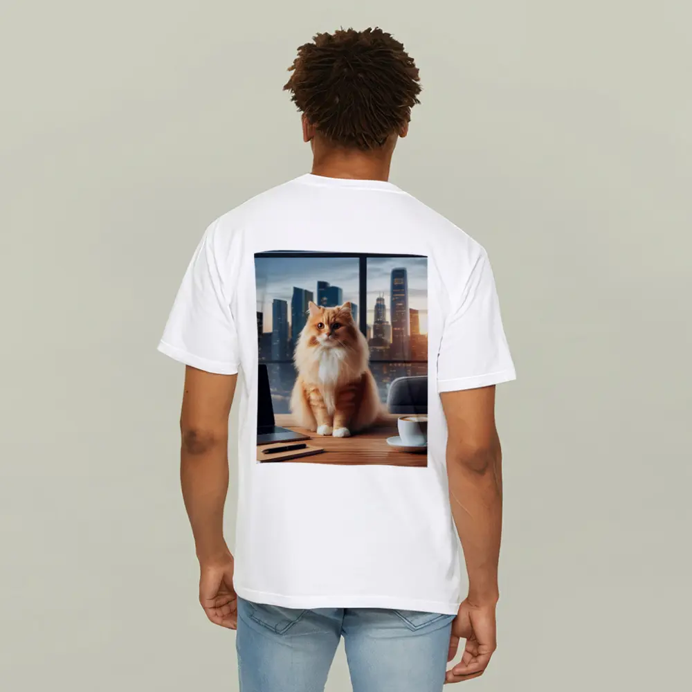 Orange Cat Sitting on Office Desk Cityscape – T-Shirts