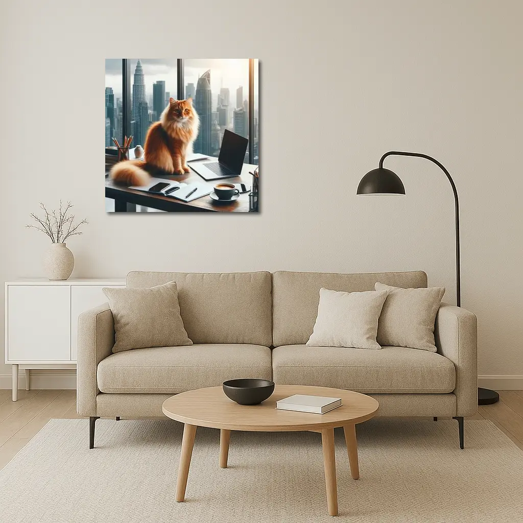 Orange Cat Boss City Skyline Office – Wall Art