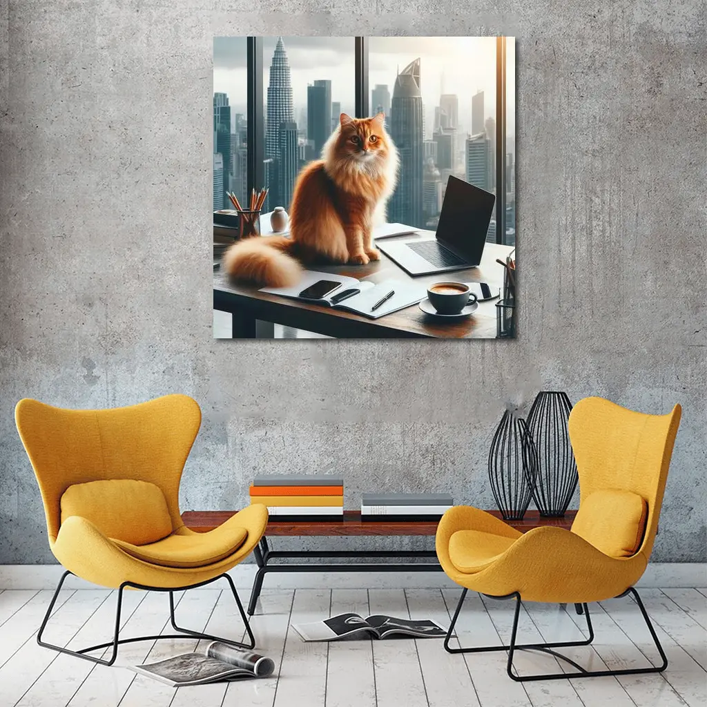 Orange Cat Boss City Skyline Office – Wall Art