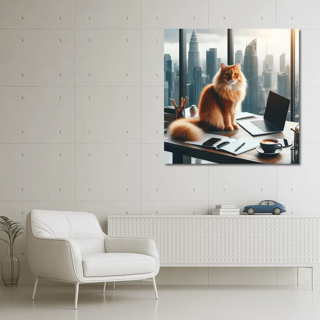 Orange Cat Boss City Skyline Office – Wall Art
