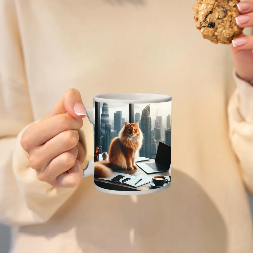 Orange Cat Boss City Skyline Office – Mugs