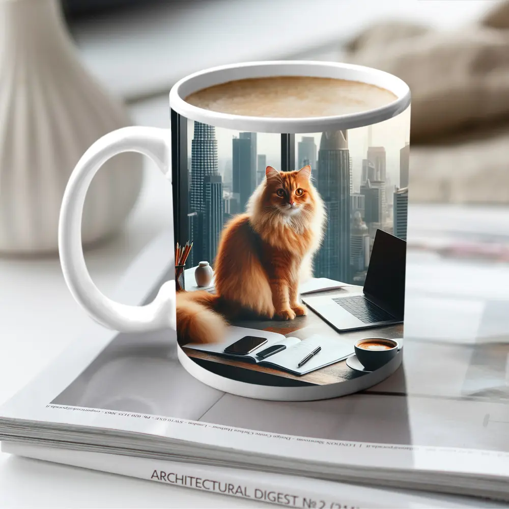 Orange Cat Boss City Skyline Office – Mugs