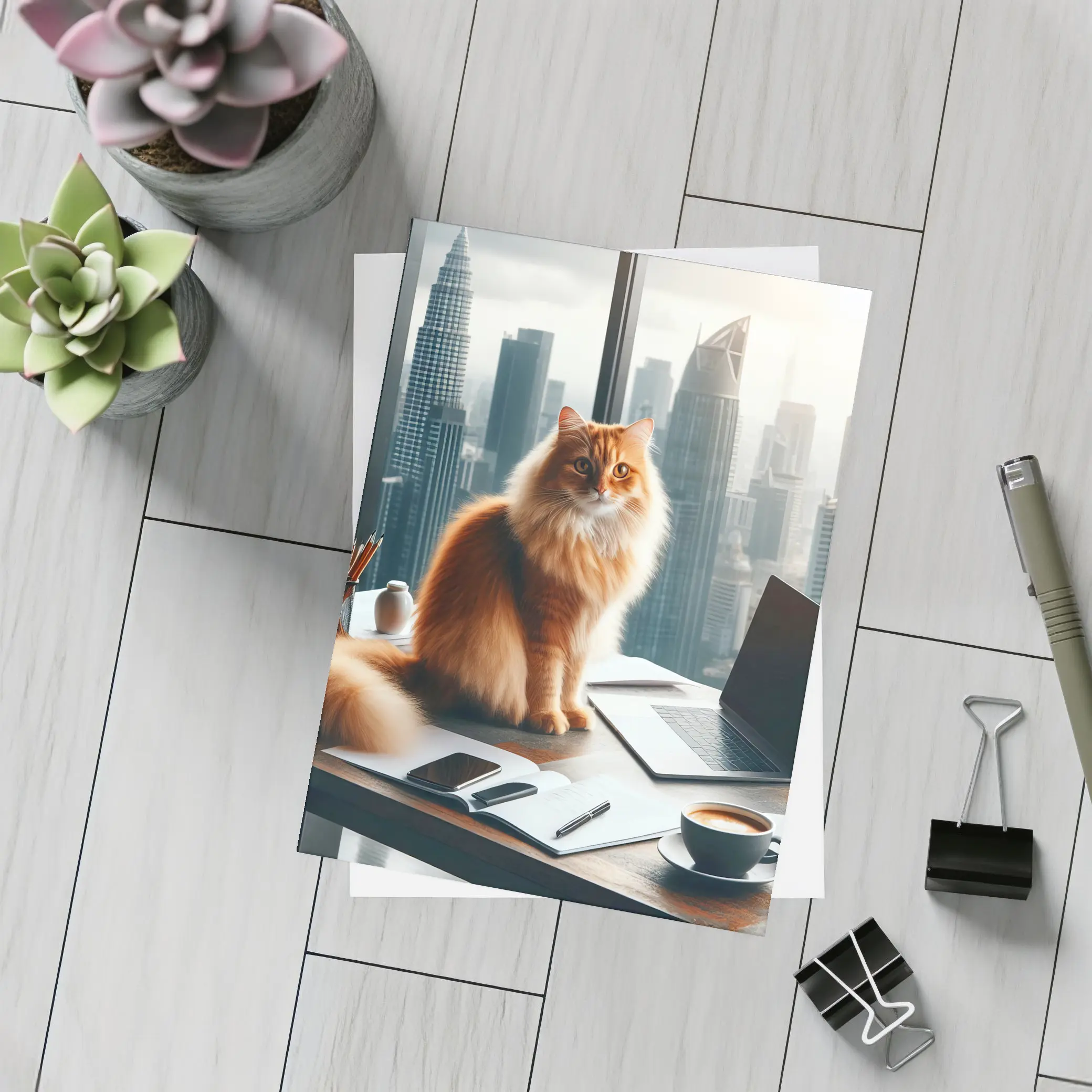 Orange Cat Boss City Skyline Office – Postcards