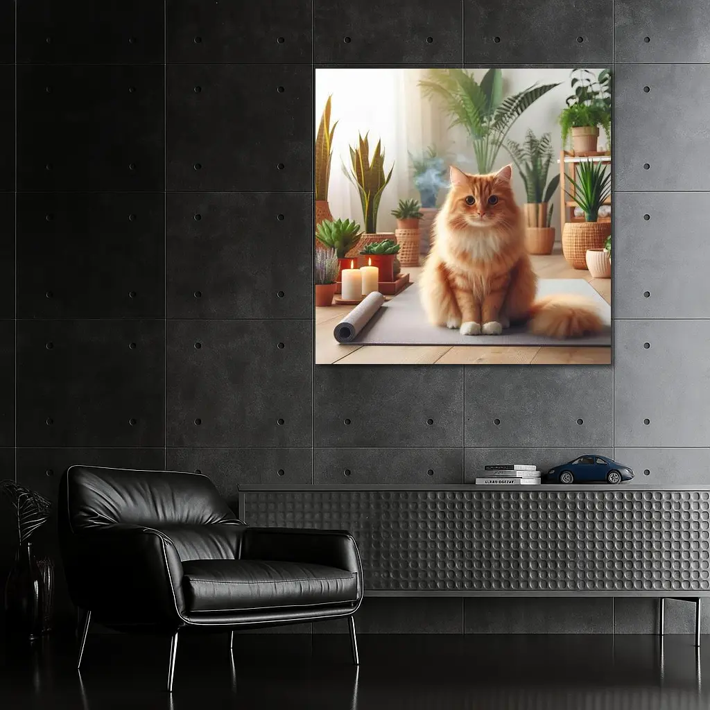 Orange Cat Sitting on Yoga Mat Plants – Wall Art