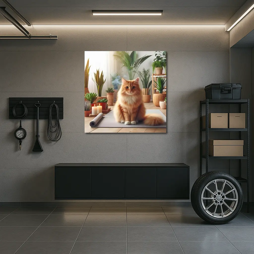 Orange Cat Sitting on Yoga Mat Plants – Wall Art