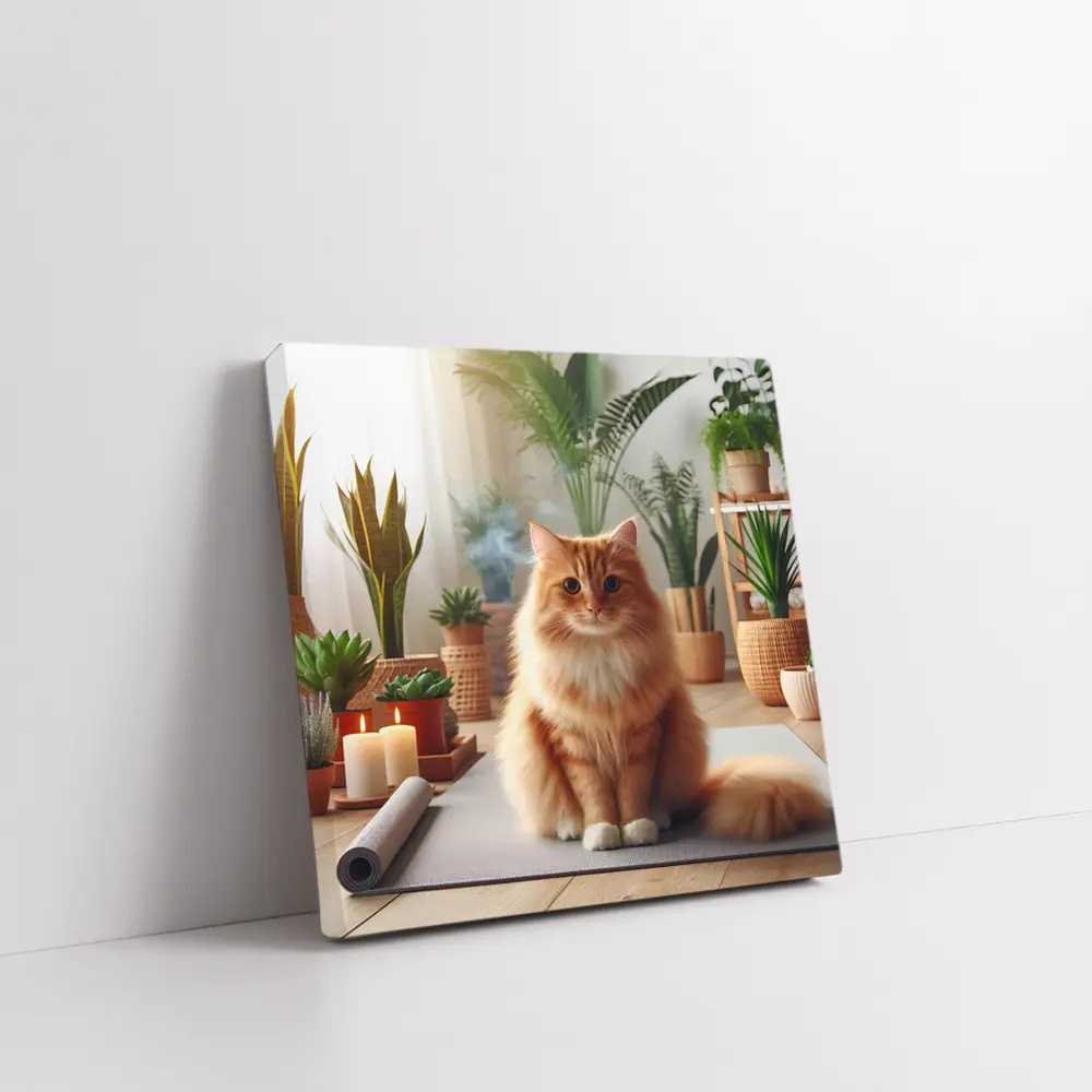 Orange Cat Sitting on Yoga Mat Plants – Wall Art