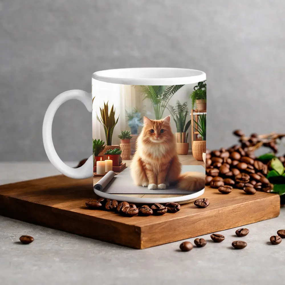 Orange Cat Sitting on Yoga Mat Plants – Mugs