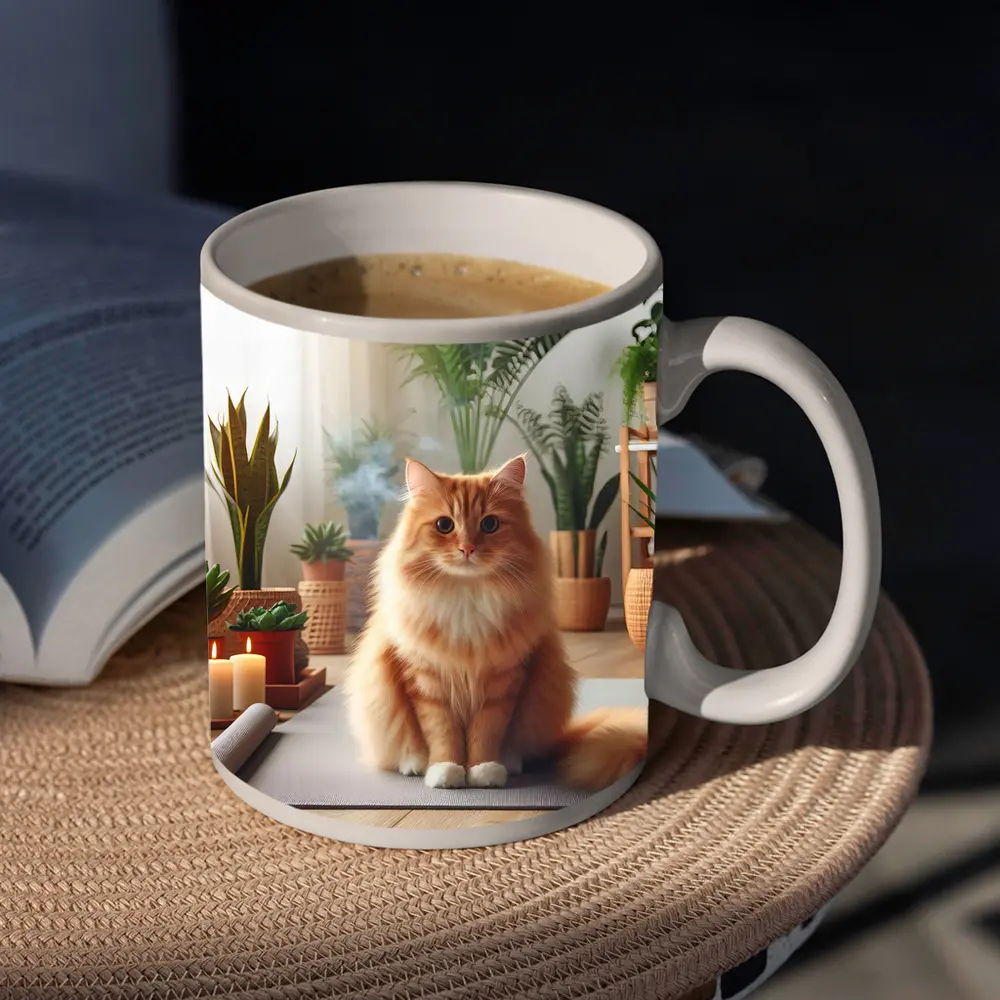 Orange Cat Sitting on Yoga Mat Plants – Mugs