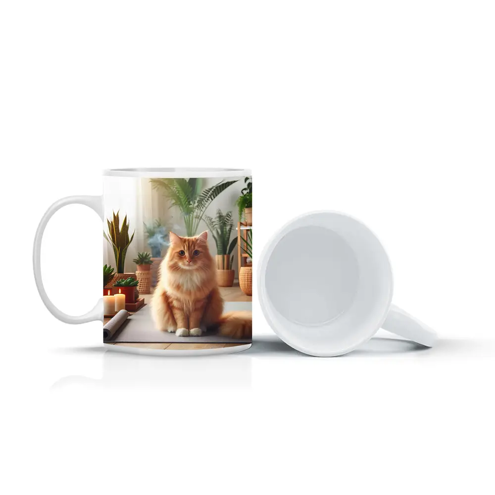Orange Cat Sitting on Yoga Mat Plants – Mugs