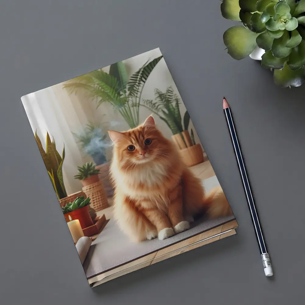 Orange Cat Sitting on Yoga Mat Plants – Notebooks