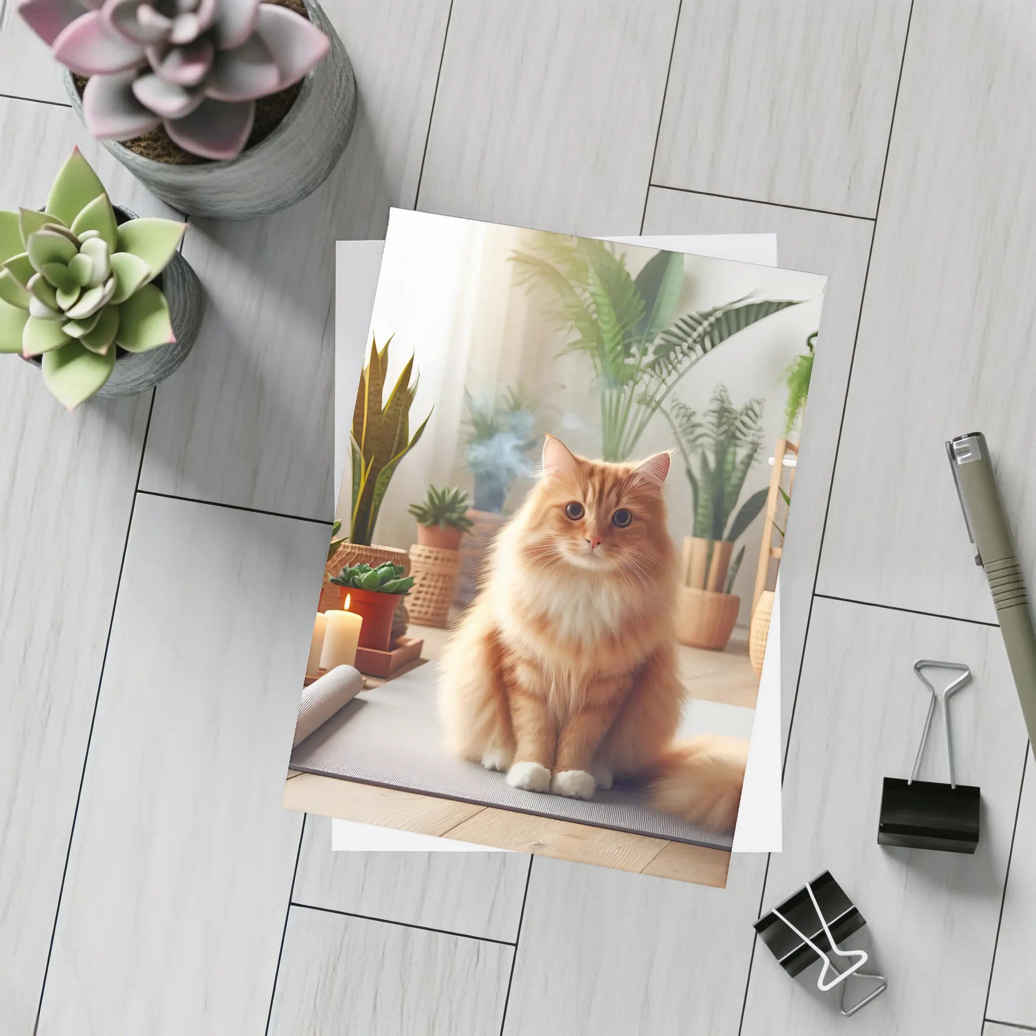Orange Cat Sitting on Yoga Mat Plants – Postcards