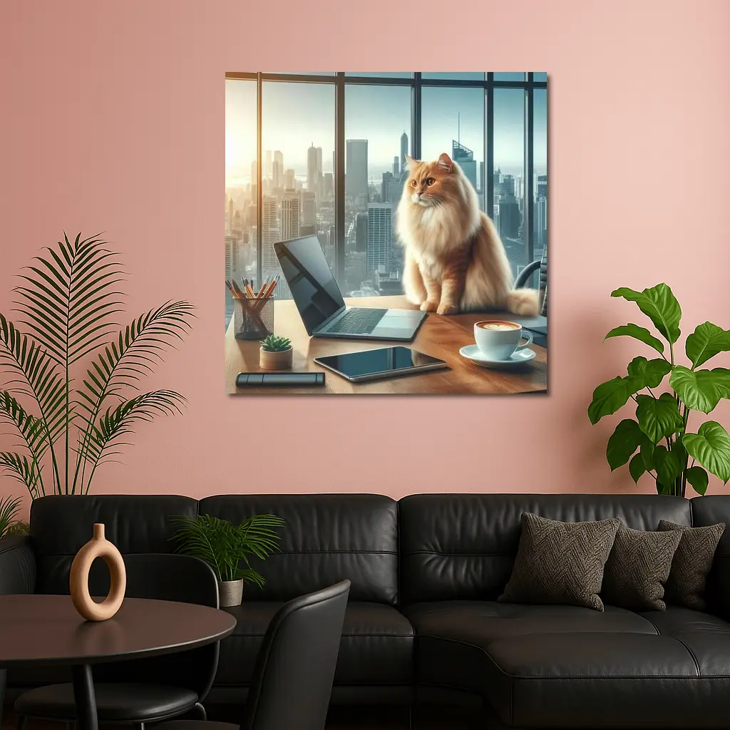 Fluffy Orange Cat City Office Skyline – Wall Art