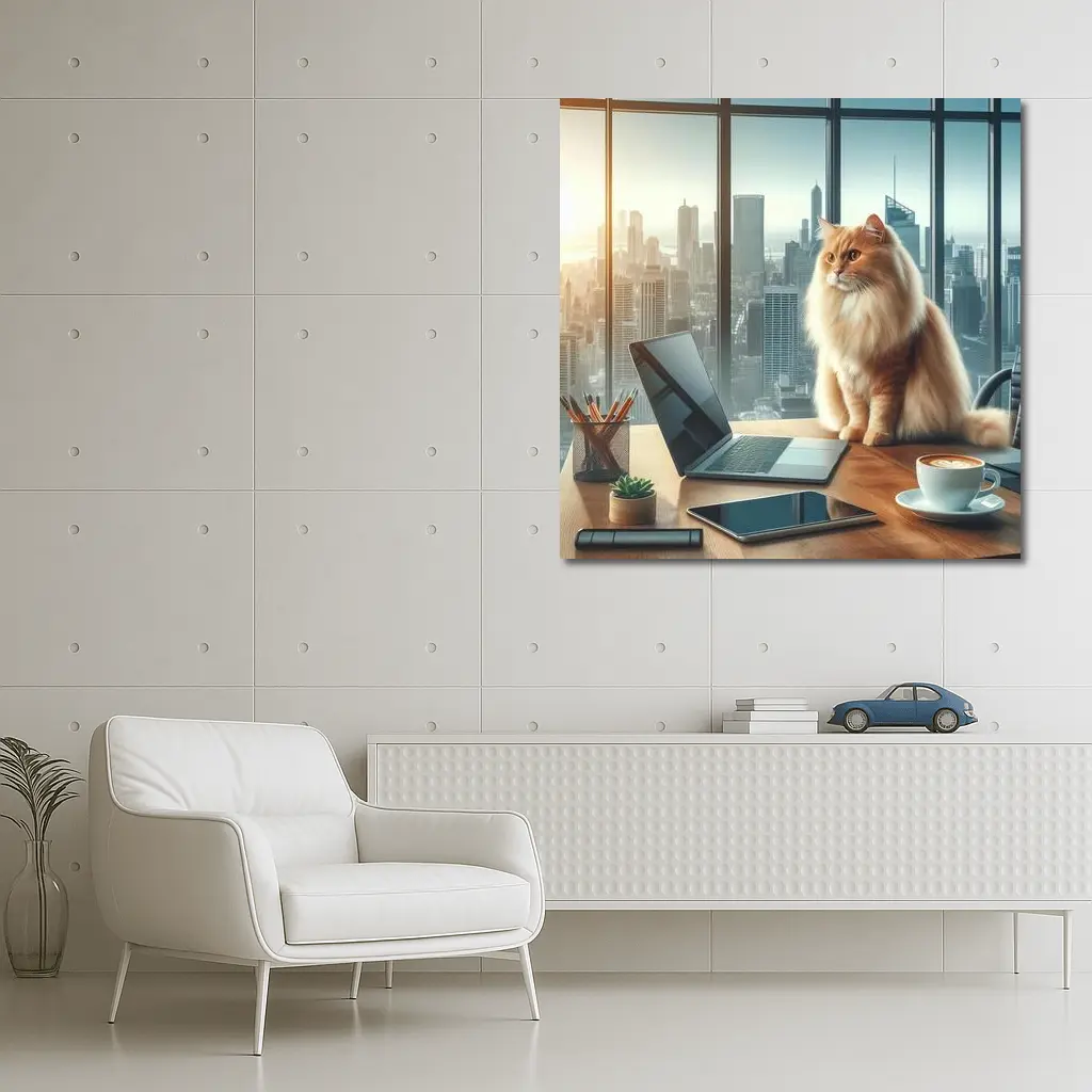 Fluffy Orange Cat City Office Skyline – Wall Art