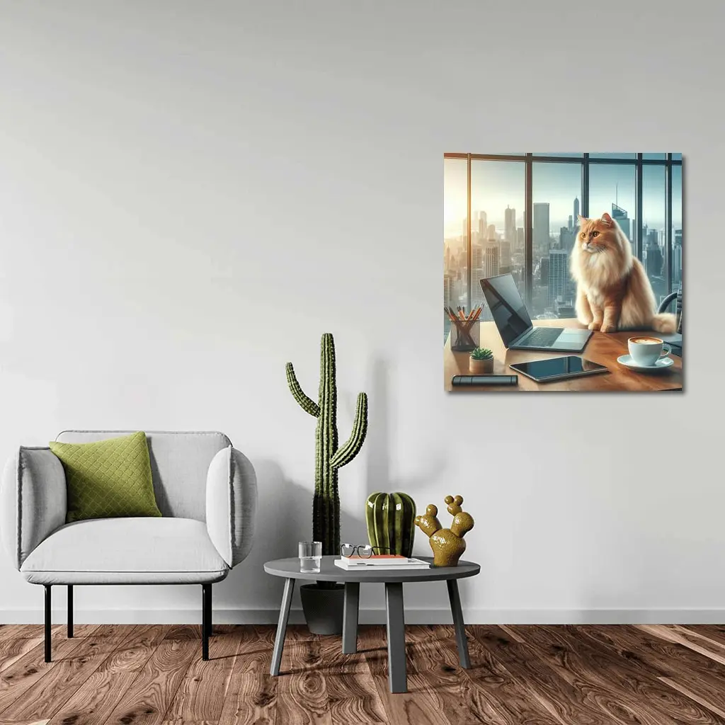Fluffy Orange Cat City Office Skyline – Wall Art