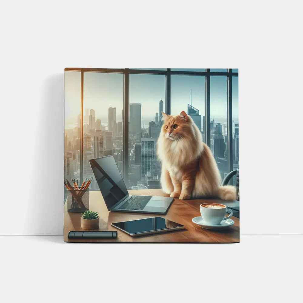 Fluffy Orange Cat City Office Skyline – Wall Art