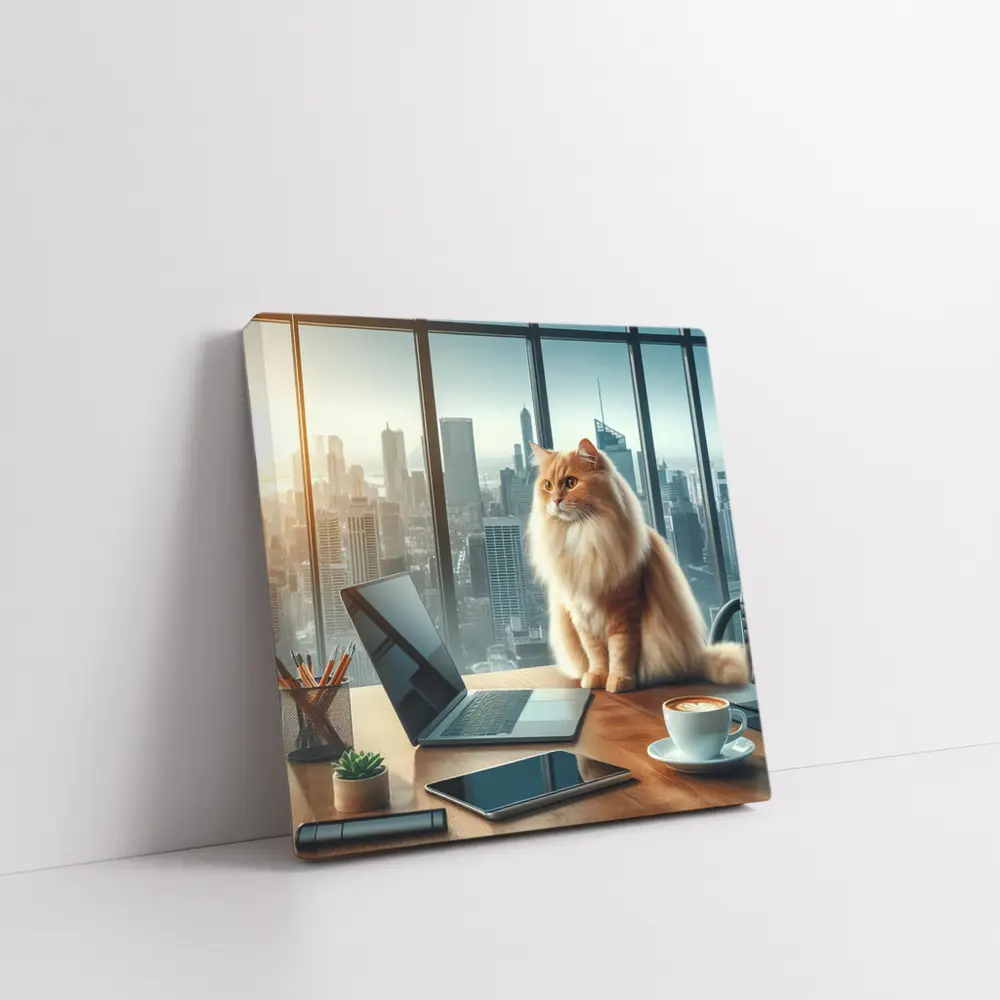 Fluffy Orange Cat City Office Skyline – Wall Art