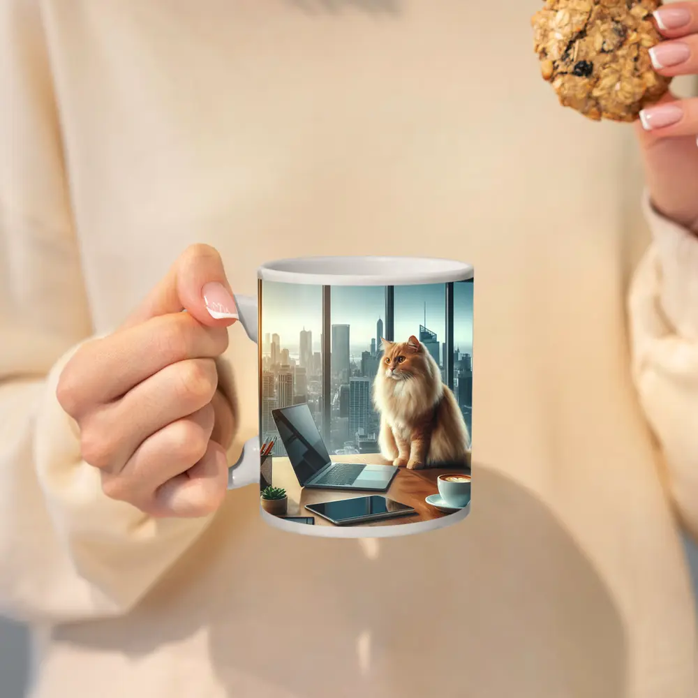 Fluffy Orange Cat City Office Skyline – Mugs