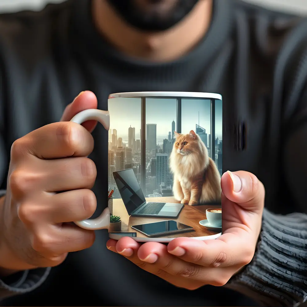 Fluffy Orange Cat City Office Skyline – Mugs