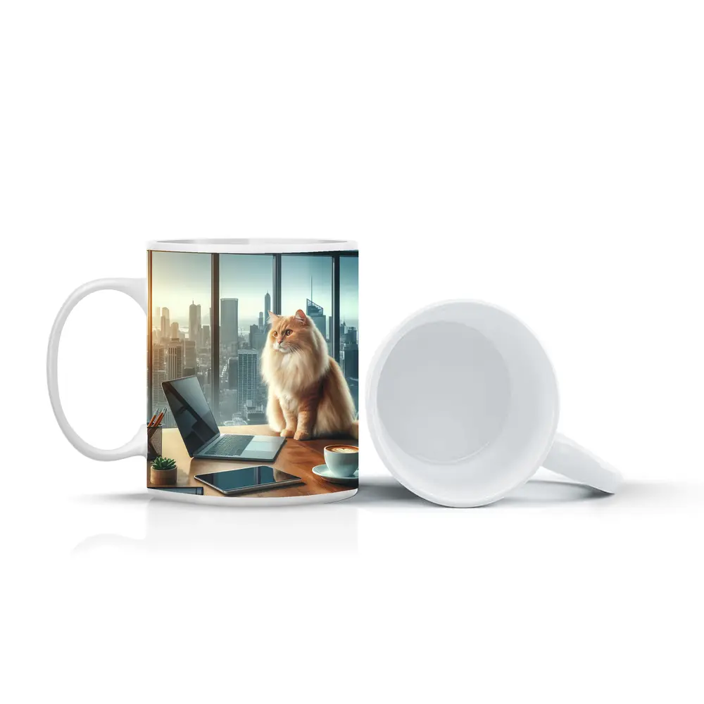 Fluffy Orange Cat City Office Skyline – Mugs