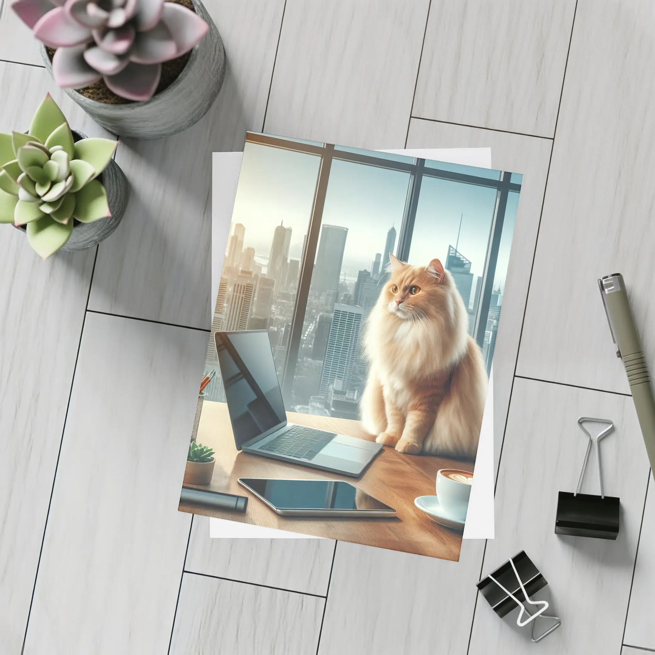 Fluffy Orange Cat City Office Skyline – Postcards