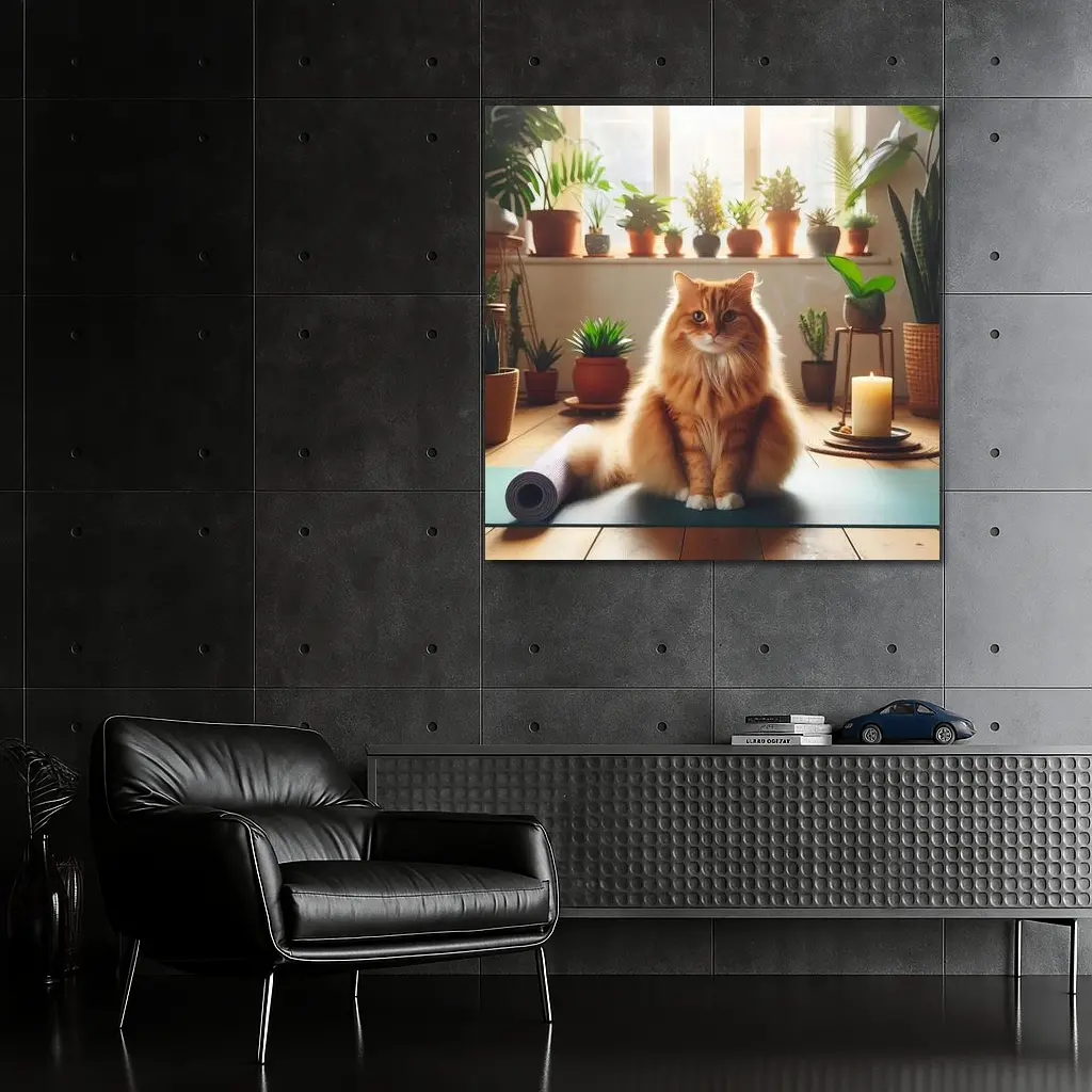 Orange Cat on Yoga Mat with Plants – Wall Art