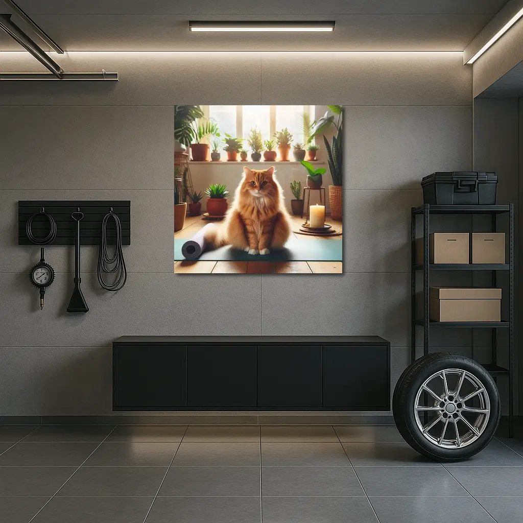 Orange Cat on Yoga Mat with Plants – Wall Art