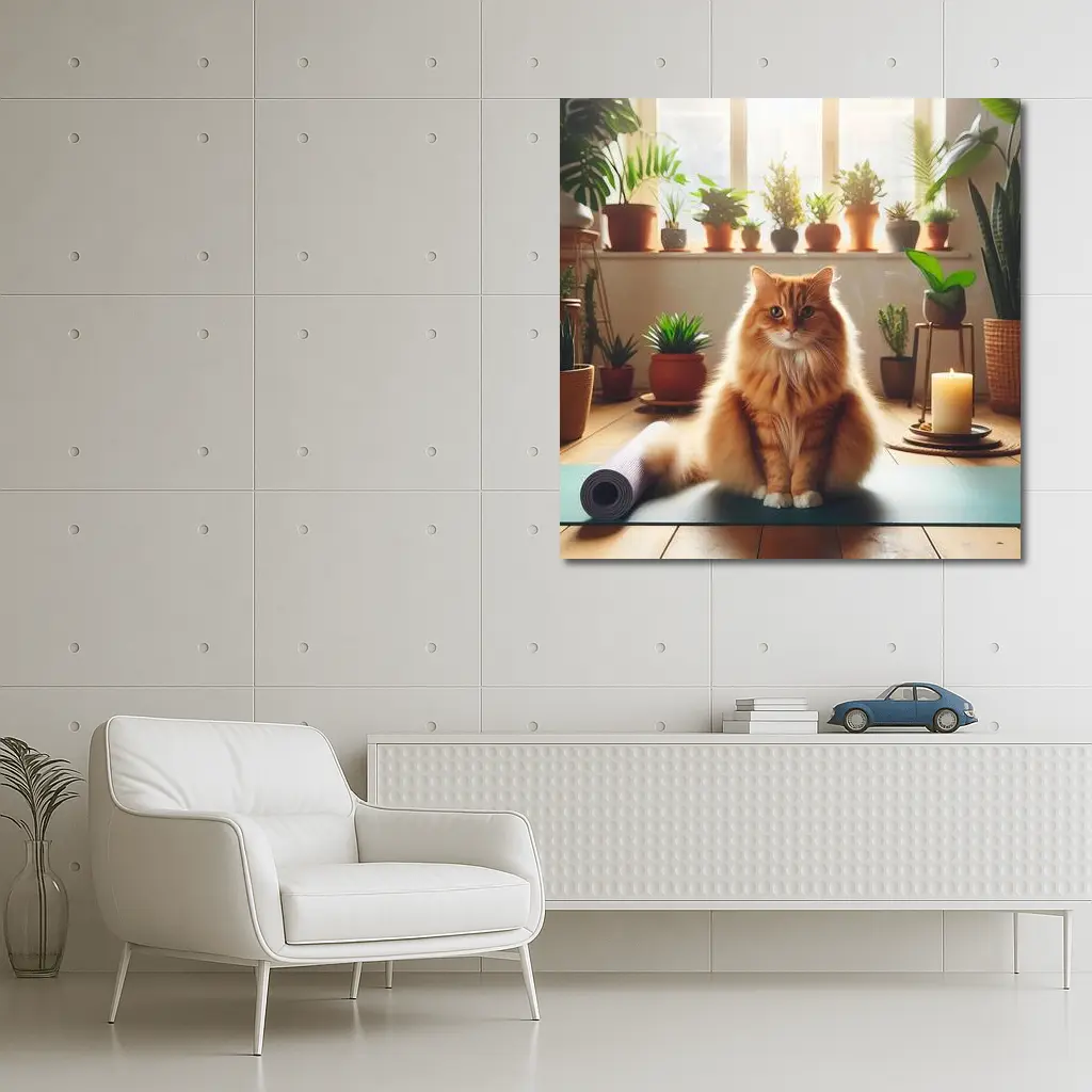 Orange Cat on Yoga Mat with Plants – Wall Art