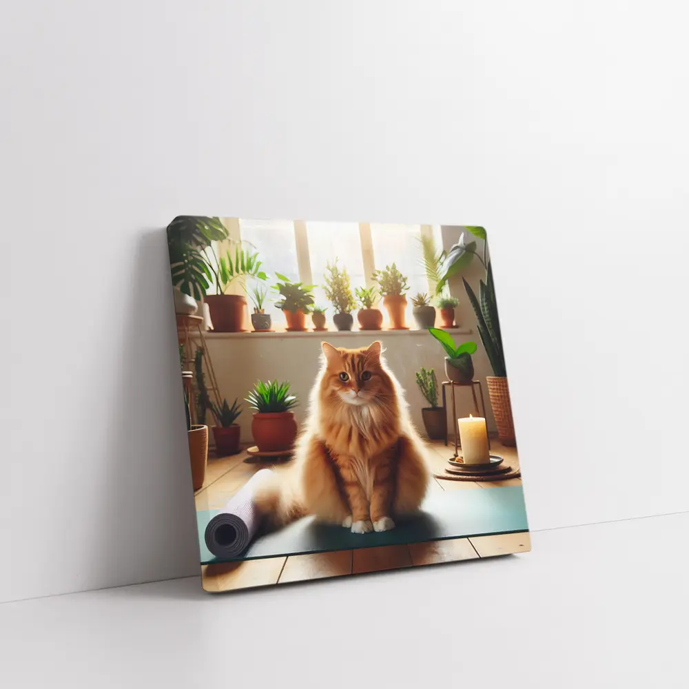 Orange Cat on Yoga Mat with Plants – Wall Art