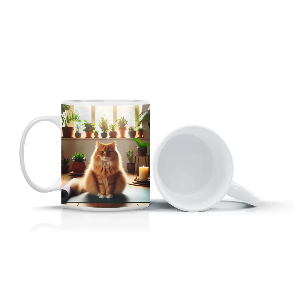 Orange Cat on Yoga Mat with Plants – Mugs