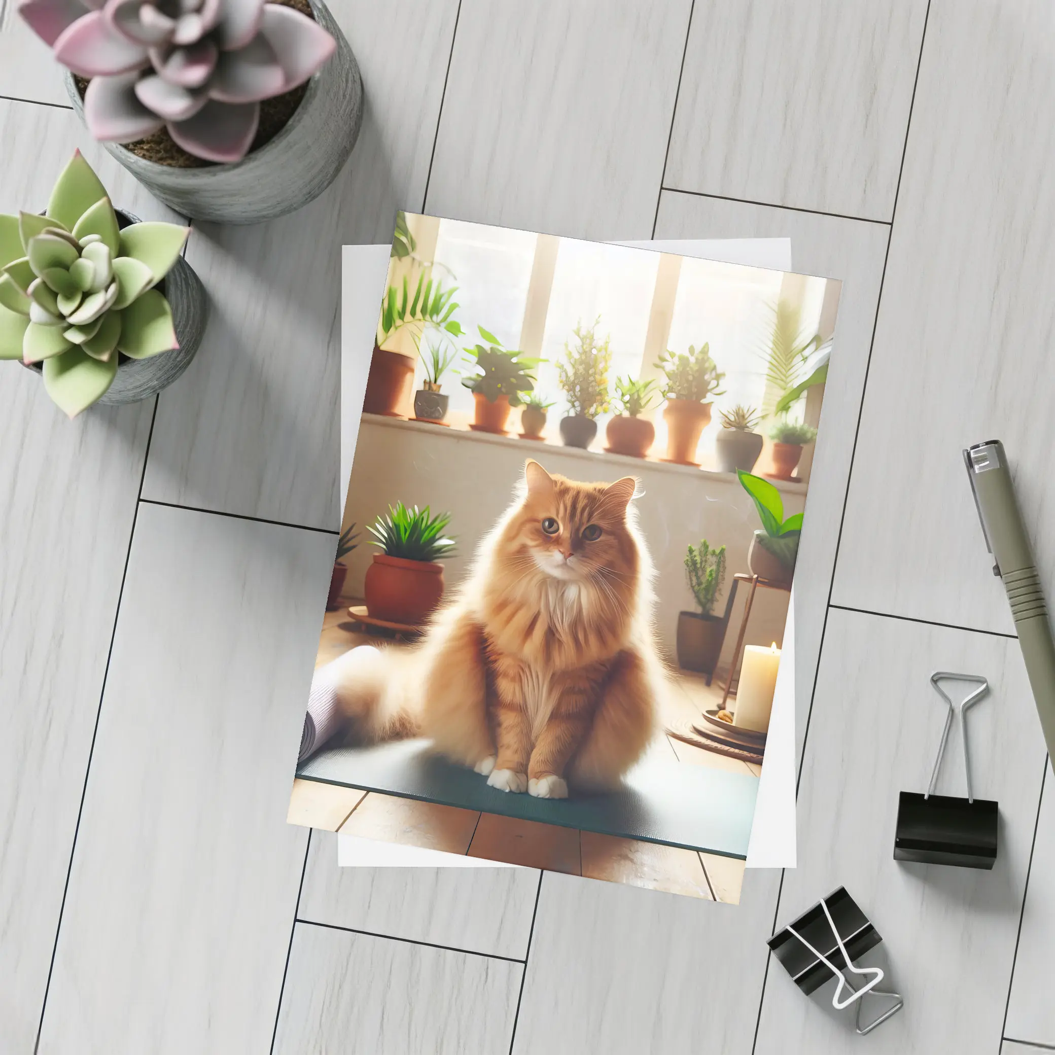 Orange Cat on Yoga Mat with Plants – Postcards