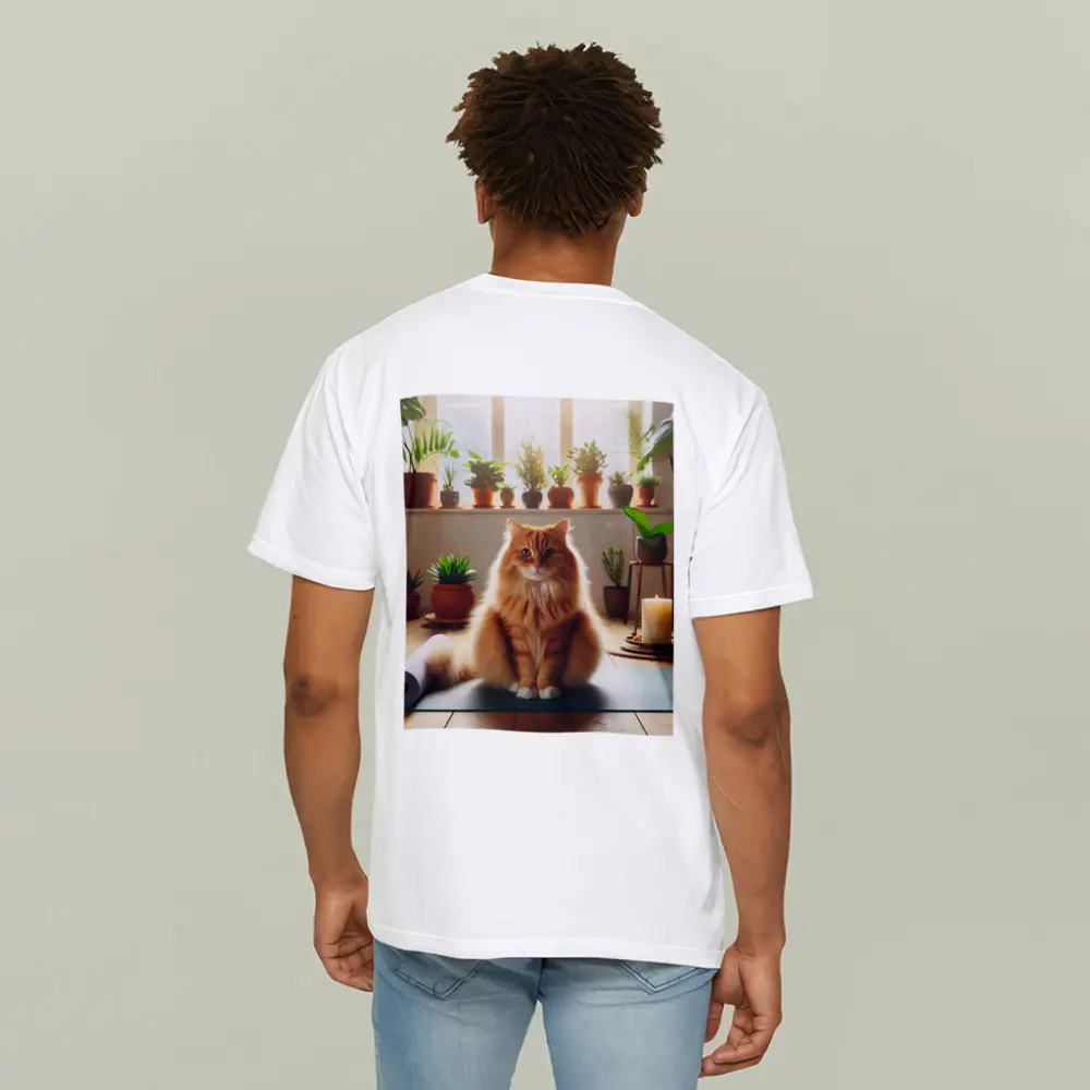 Orange Cat on Yoga Mat with Plants – T-Shirts
