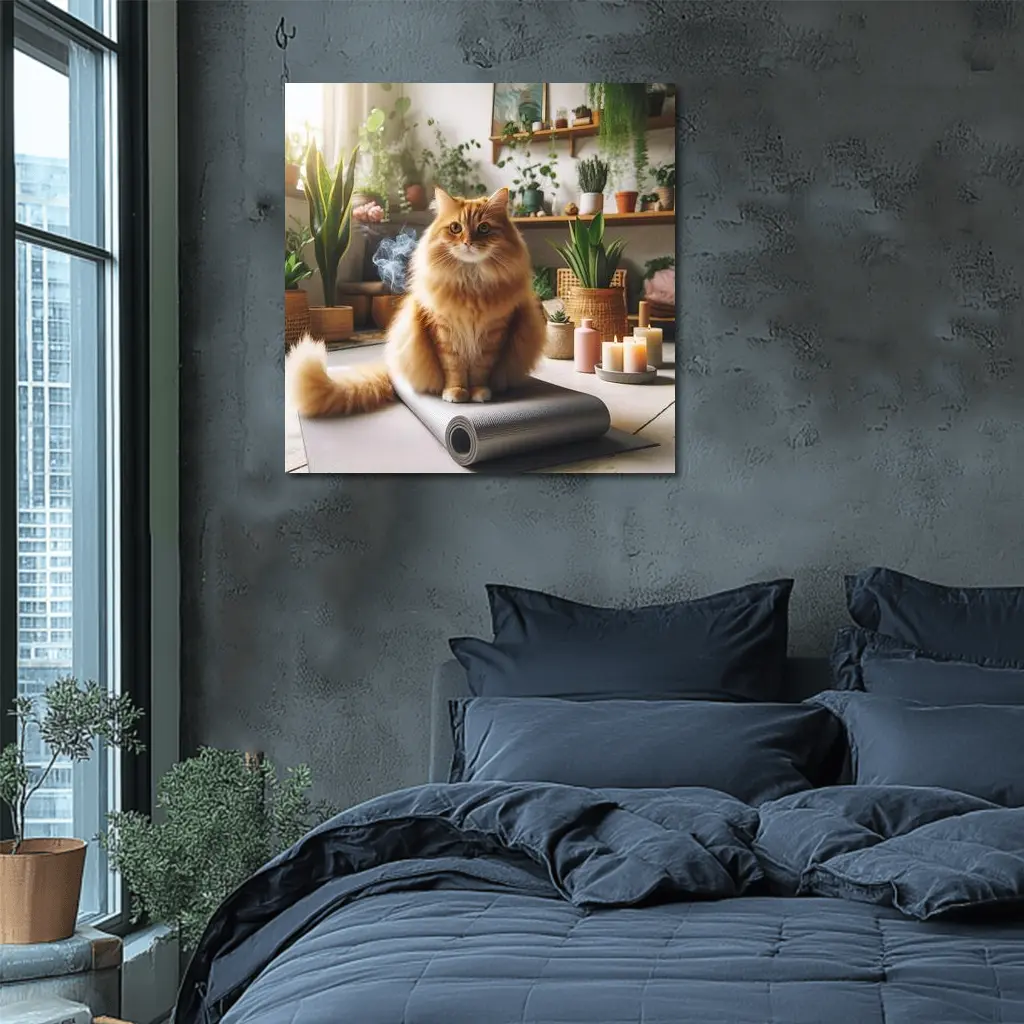 Orange Cat Sitting on Yoga Mat Indoors – Wall Art