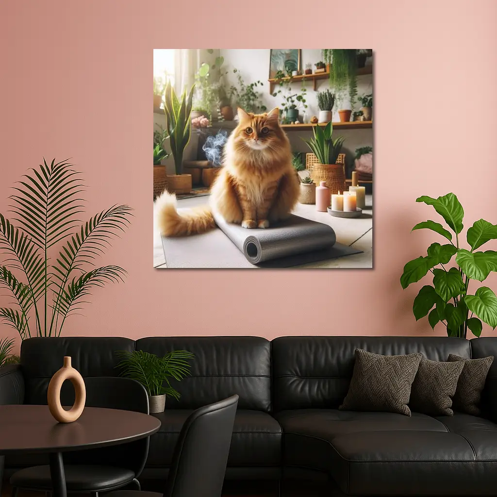 Orange Cat Sitting on Yoga Mat Indoors – Wall Art