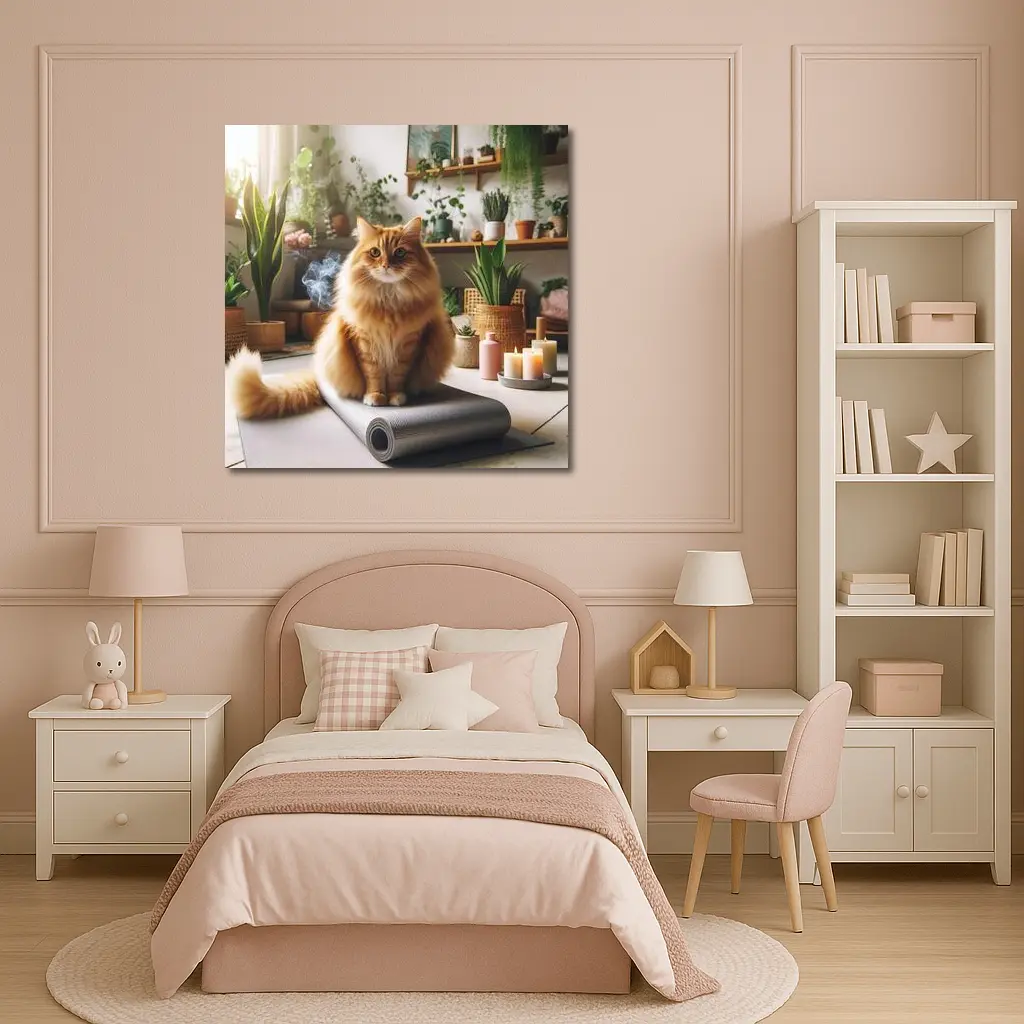 Orange Cat Sitting on Yoga Mat Indoors – Wall Art