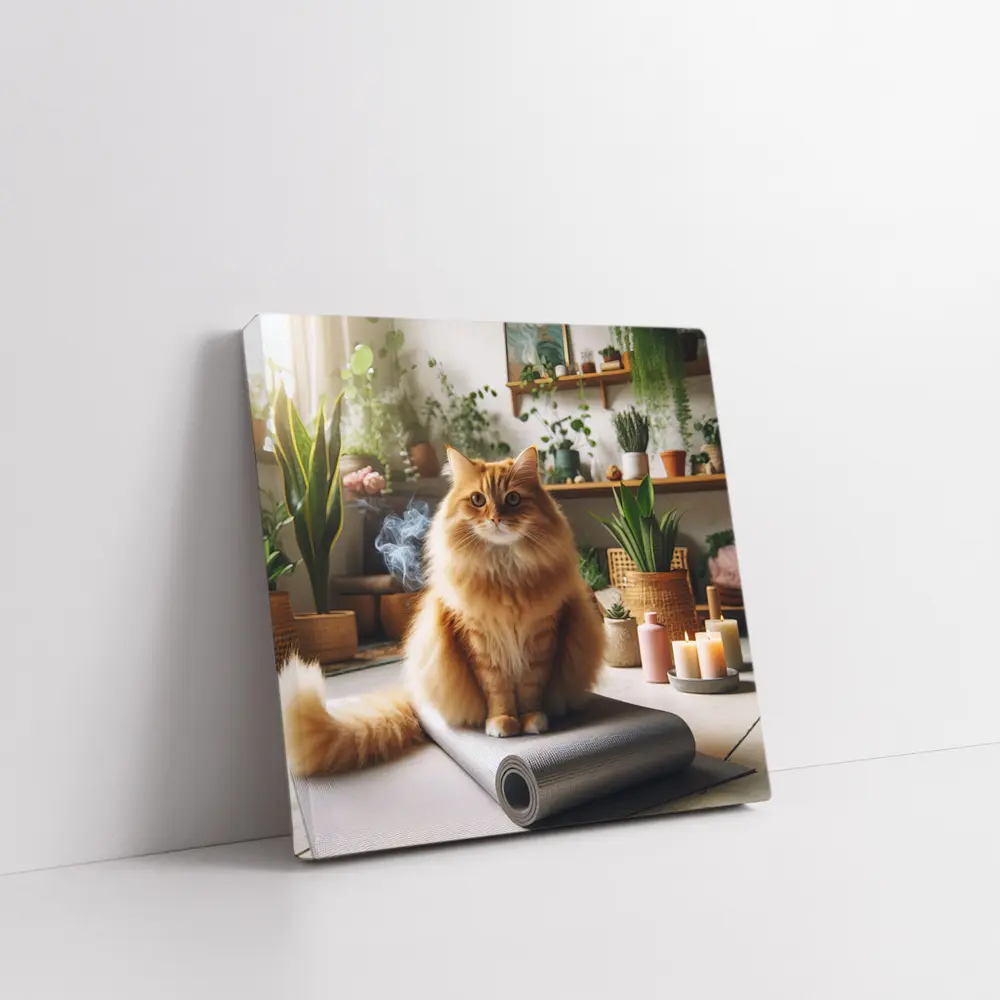 Orange Cat Sitting on Yoga Mat Indoors – Wall Art