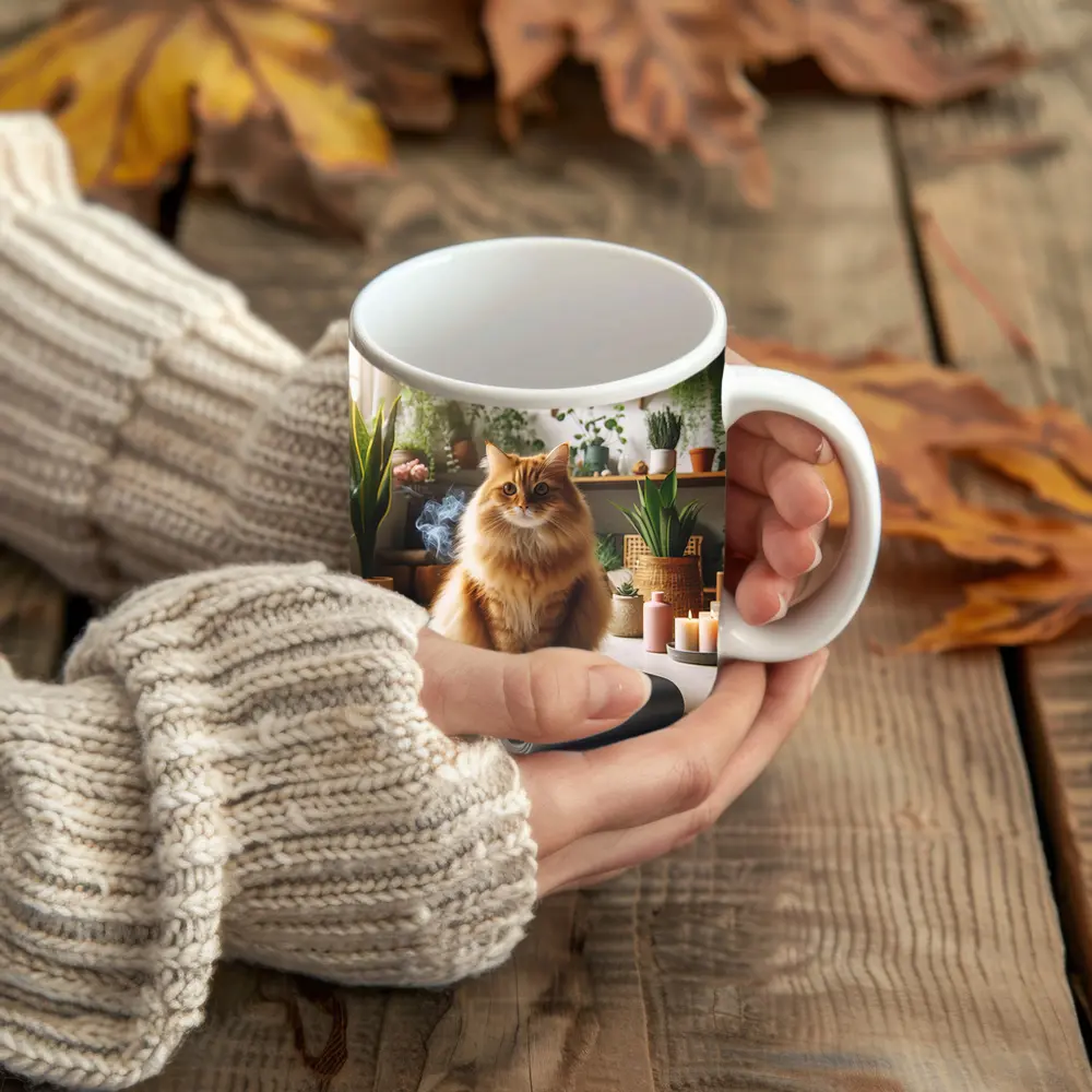 Orange Cat Sitting on Yoga Mat Indoors – Mugs