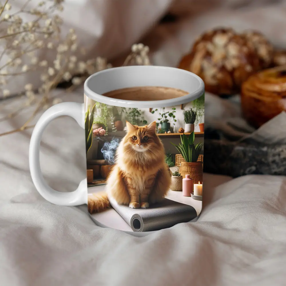 Orange Cat Sitting on Yoga Mat Indoors – Mugs
