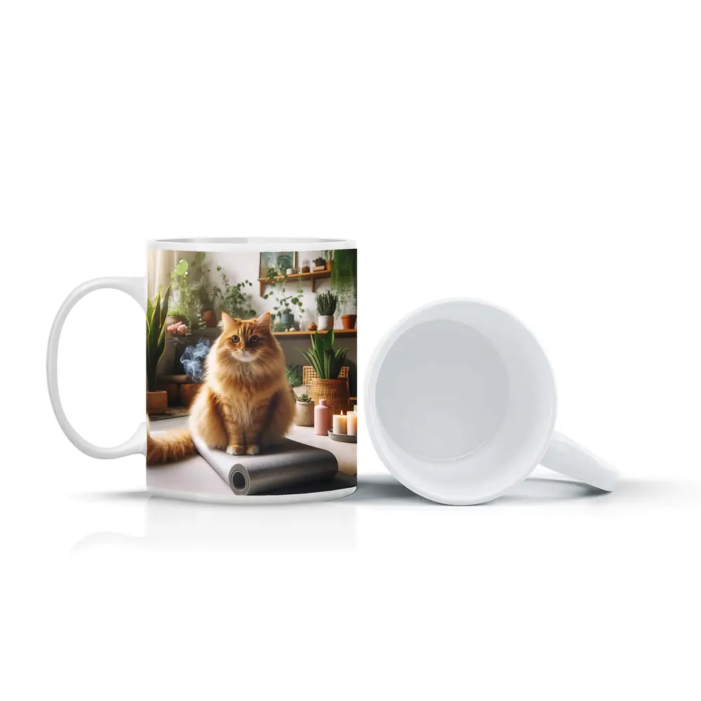 Orange Cat Sitting on Yoga Mat Indoors – Mugs