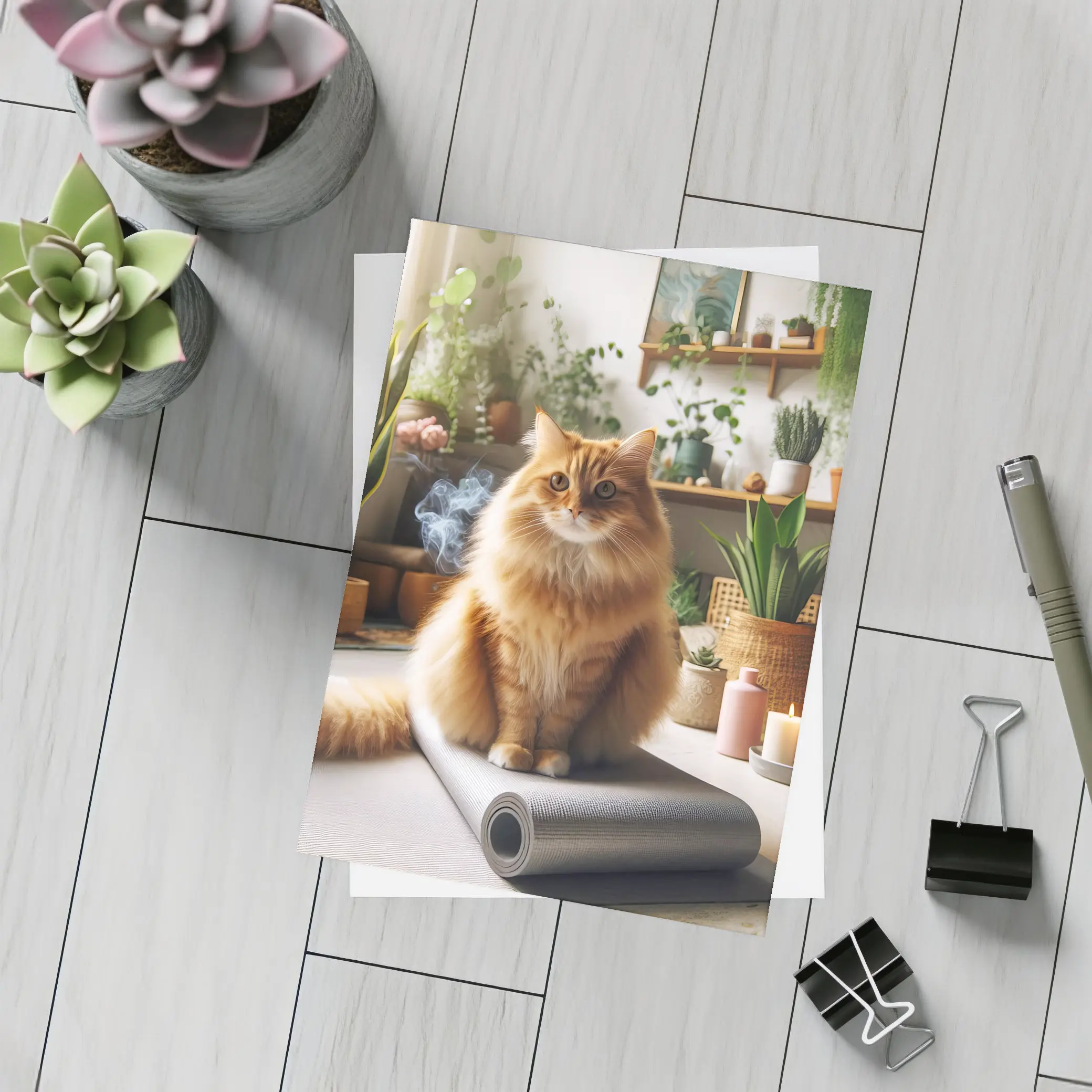 Orange Cat Sitting on Yoga Mat Indoors – Postcards