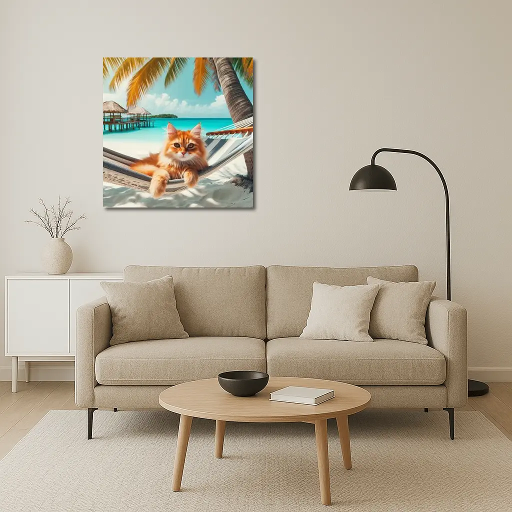 Orange Cat Relaxing Hammock Tropical Beach – Wall Art