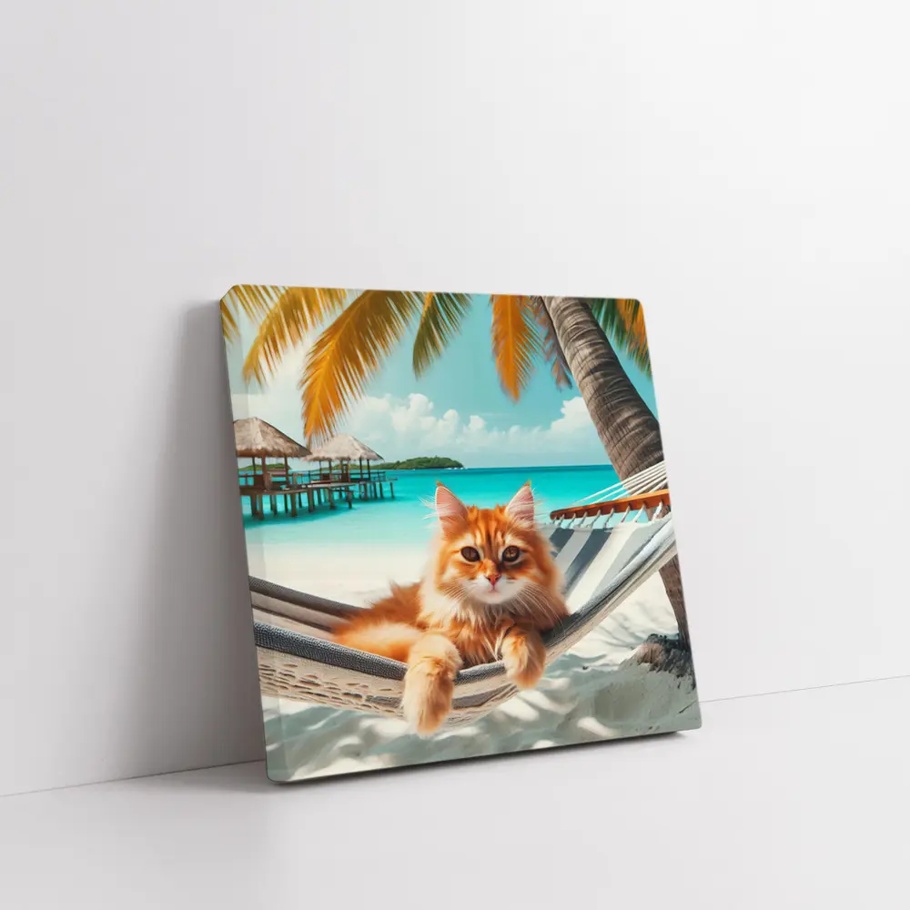 Orange Cat Relaxing Hammock Tropical Beach – Wall Art
