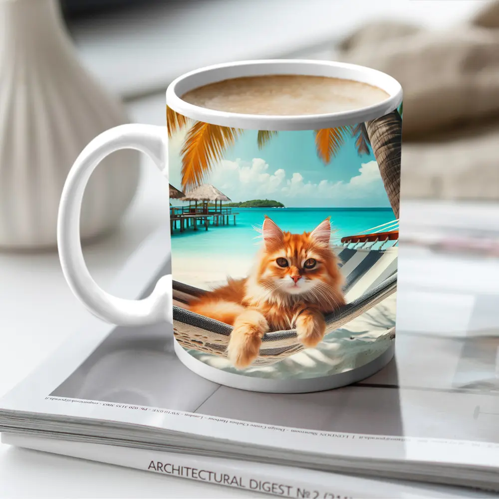 Orange Cat Relaxing Hammock Tropical Beach – Mugs