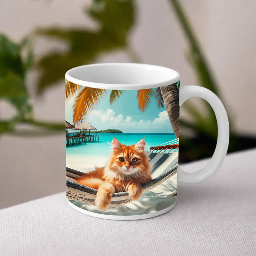Orange Cat Relaxing Hammock Tropical Beach – Mugs