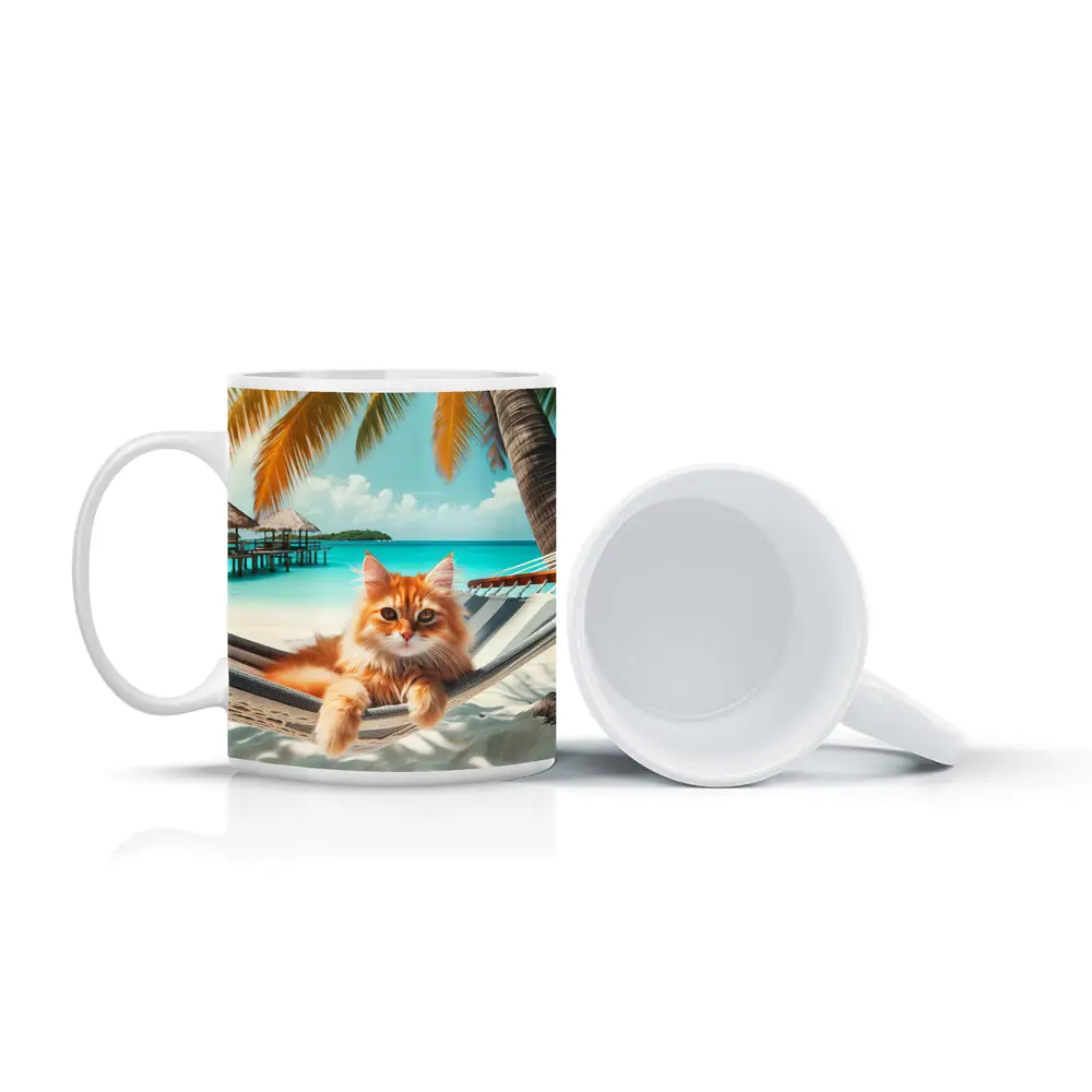 Orange Cat Relaxing Hammock Tropical Beach – Mugs