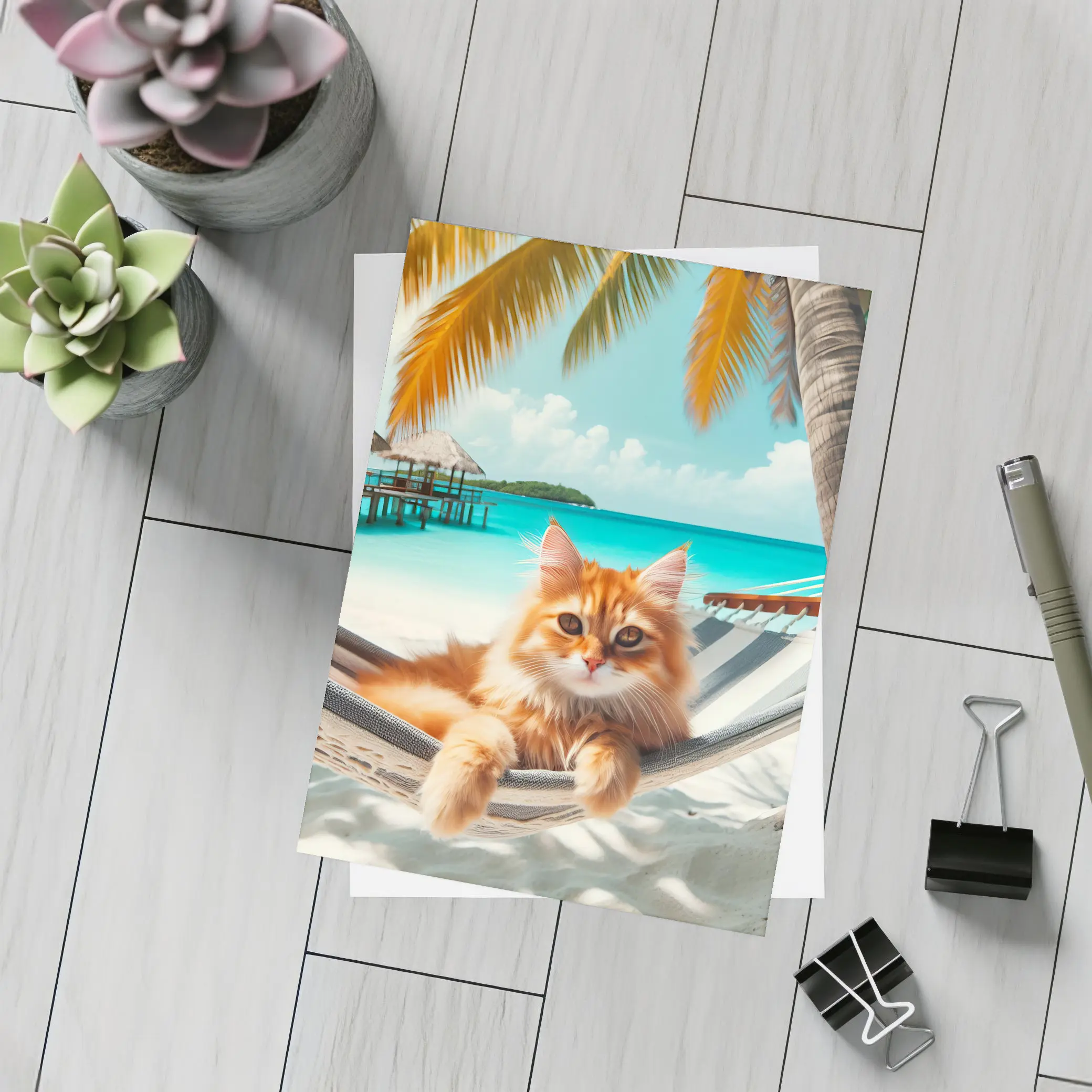 Orange Cat Relaxing Hammock Tropical Beach – Postcards