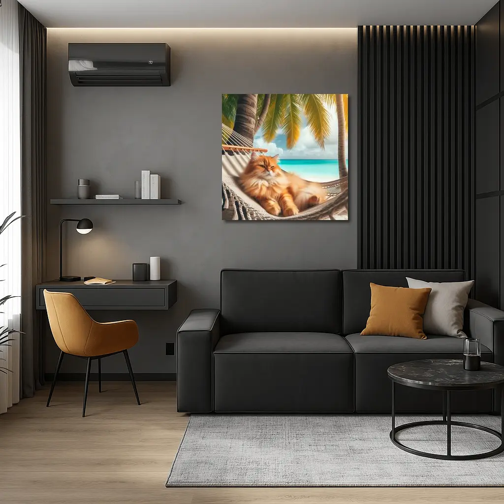 Orange Long Hair Cat Relaxing Tropical Beach – Wall Art