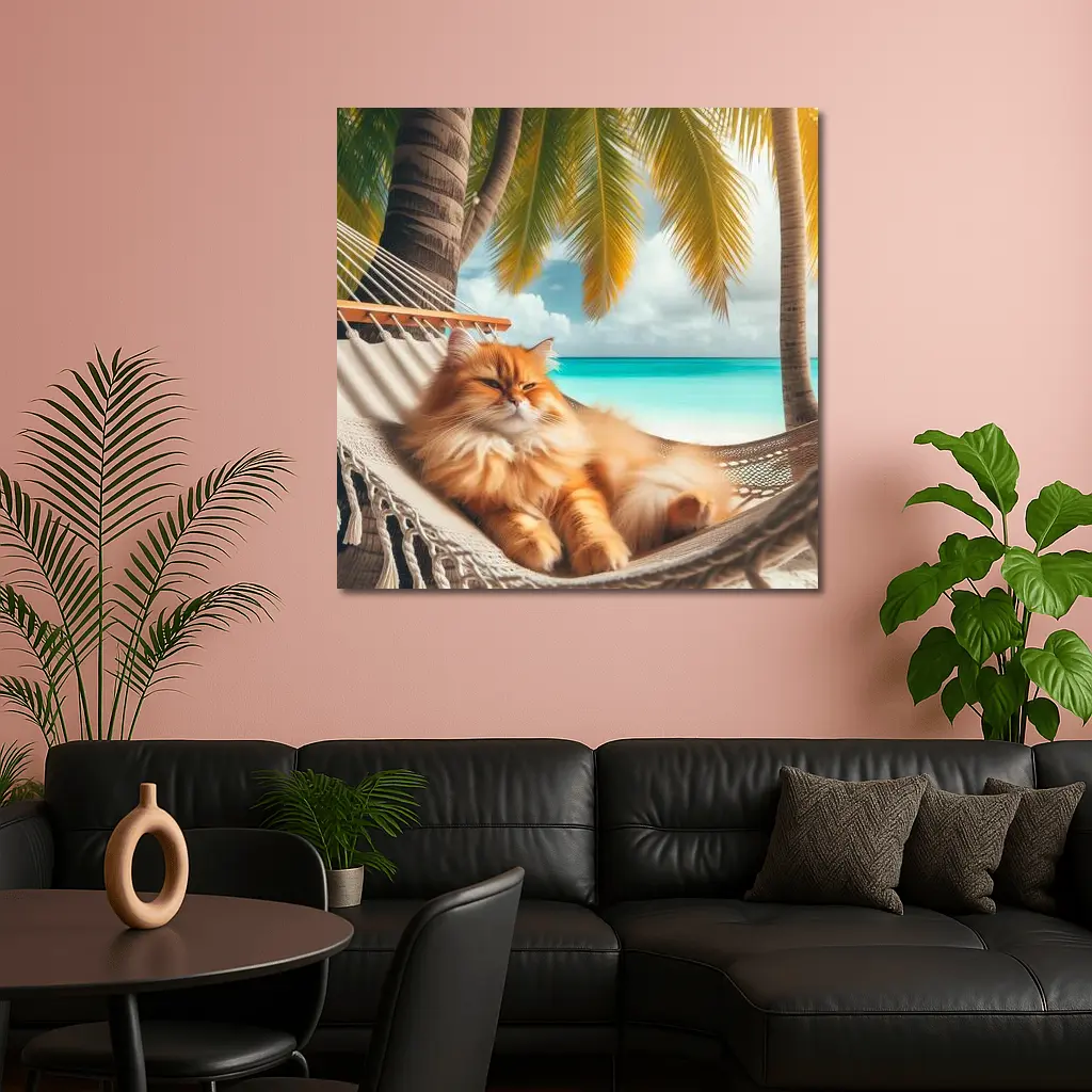 Orange Long Hair Cat Relaxing Tropical Beach – Wall Art